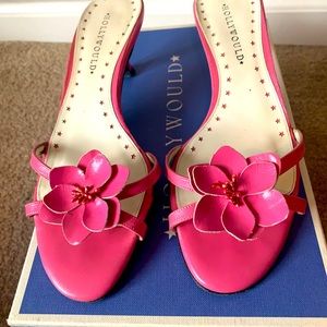 Pink size 7 1/2 leather sandals with 2 1/2 inch kitten heel.